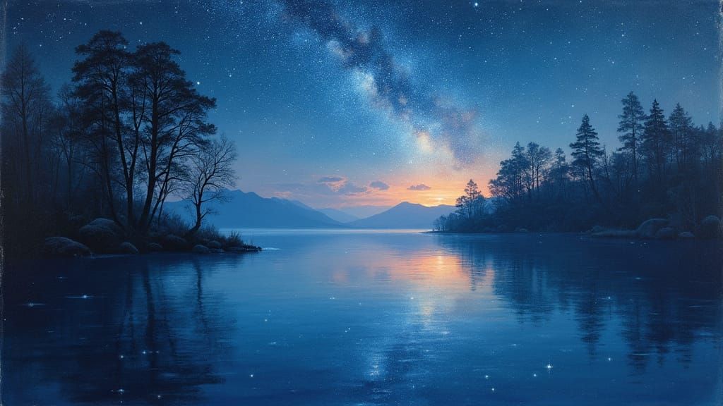 Majestic Lake Under Starry Night Sky with Mysterious Trees