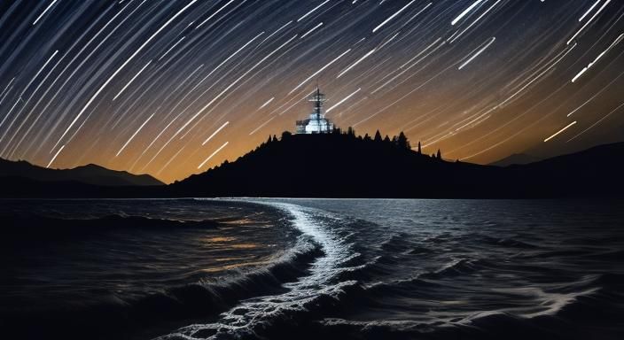 Star Trails Over the Sea: Ink Illustration