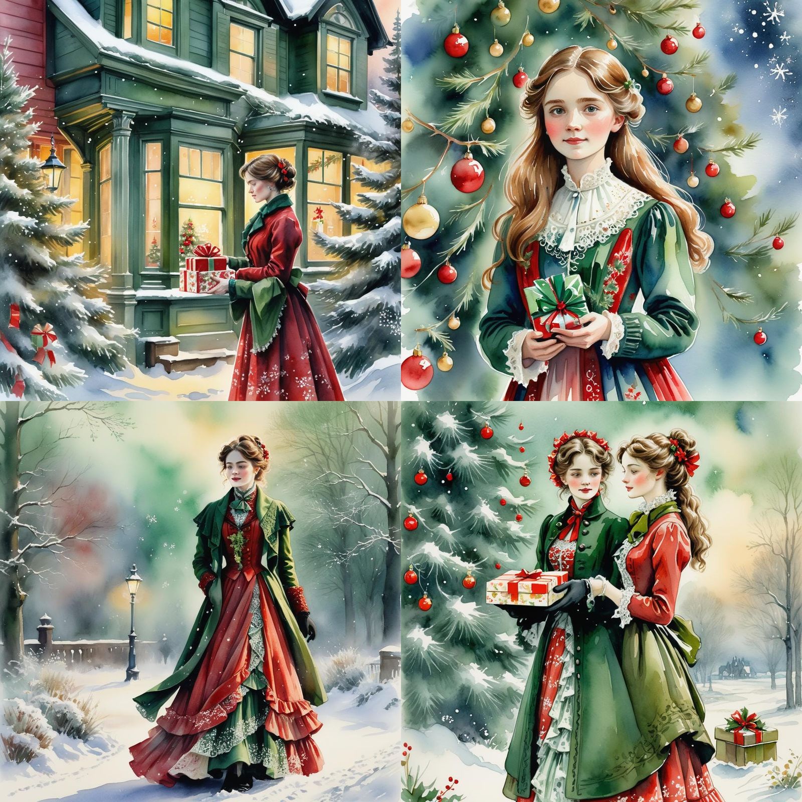 Victorian Woman in Snowy Christmas Scene, Detailed Matte Pai...
