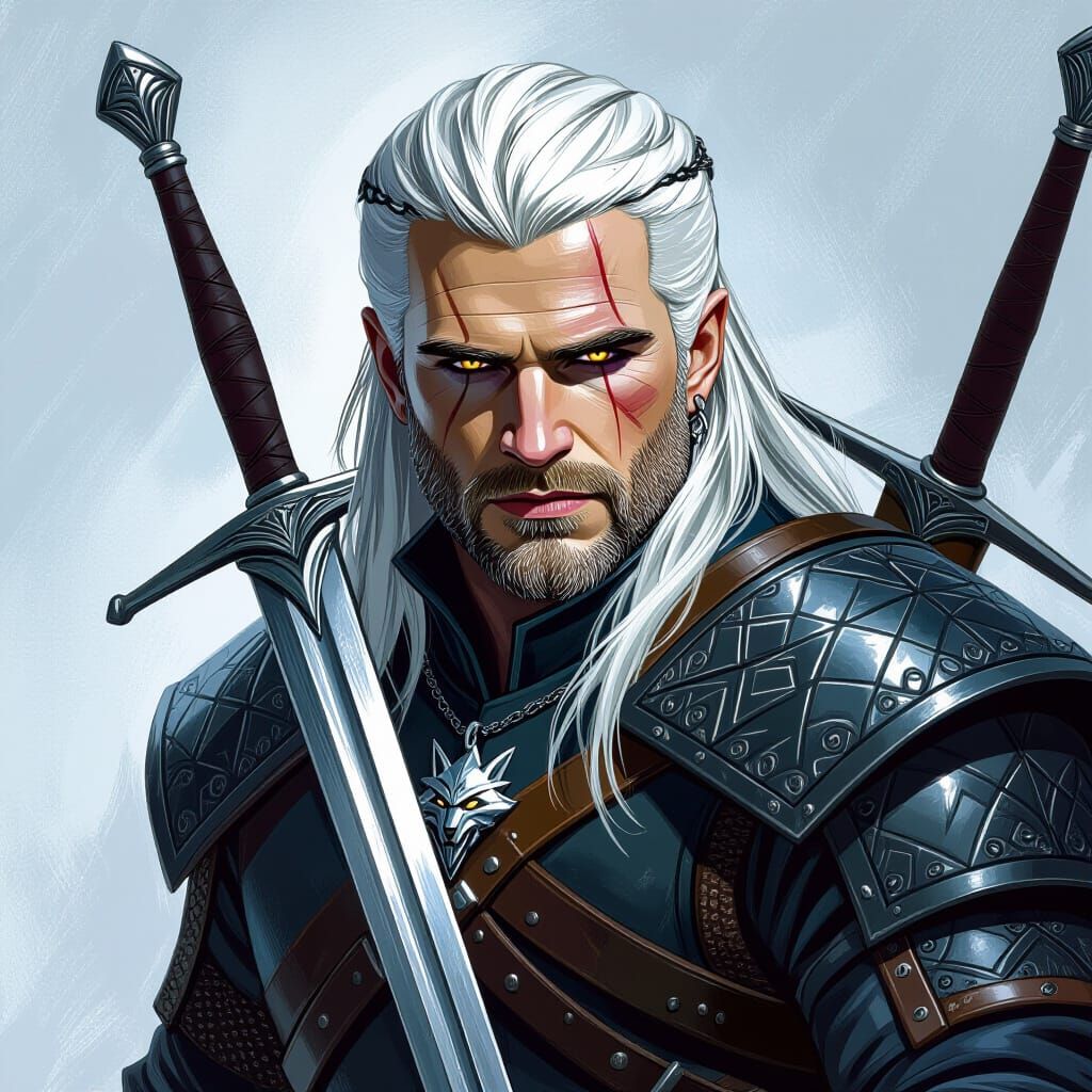 Geralt of Rivia Inspired Character in Dark Fantasy Style