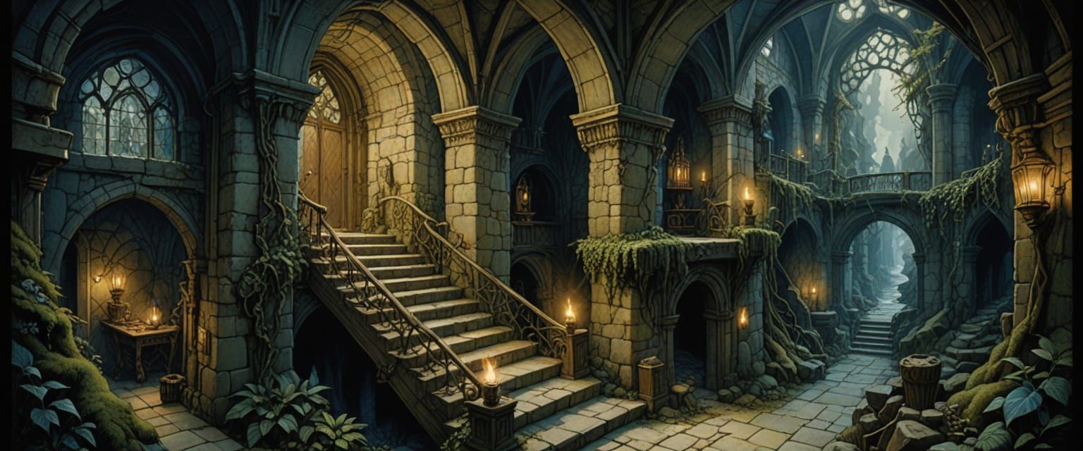 Fantasy Dungeon Layout with Eerie Lighting