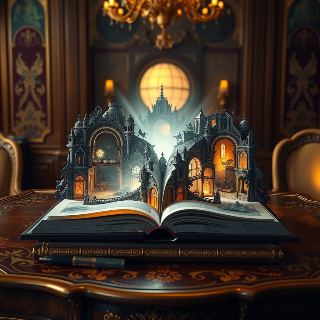 Recursive Pop-Up Book Dreamscape in Magic Realism Style