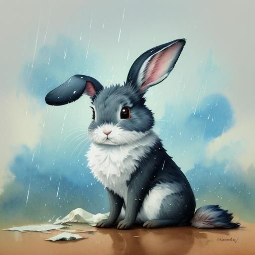 Tired Bunny with Raincloud in Gouache Style