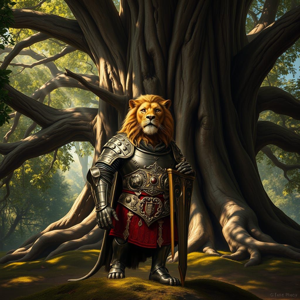 Lion Knight Guarding Ancient Tree as Renaissance Portrait