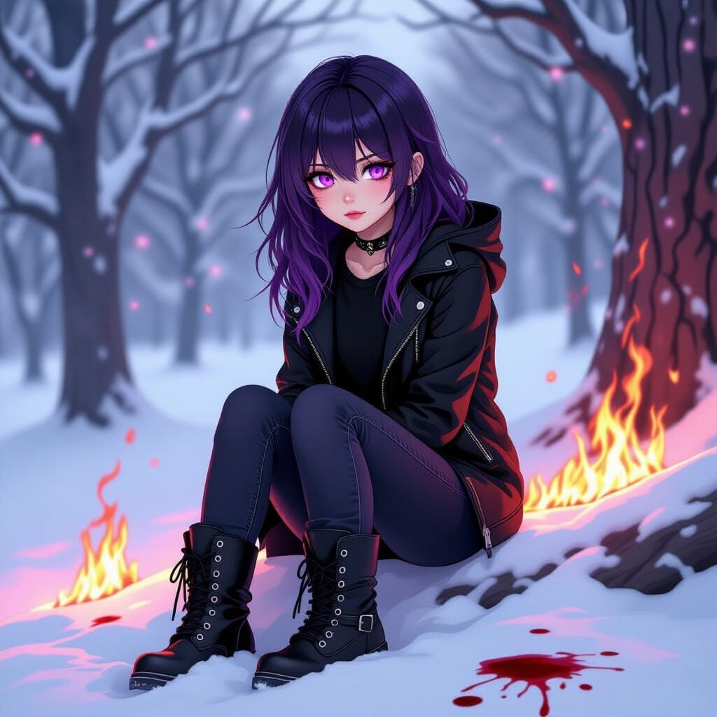 Girl Amidst Purple Flames and Ash Snow