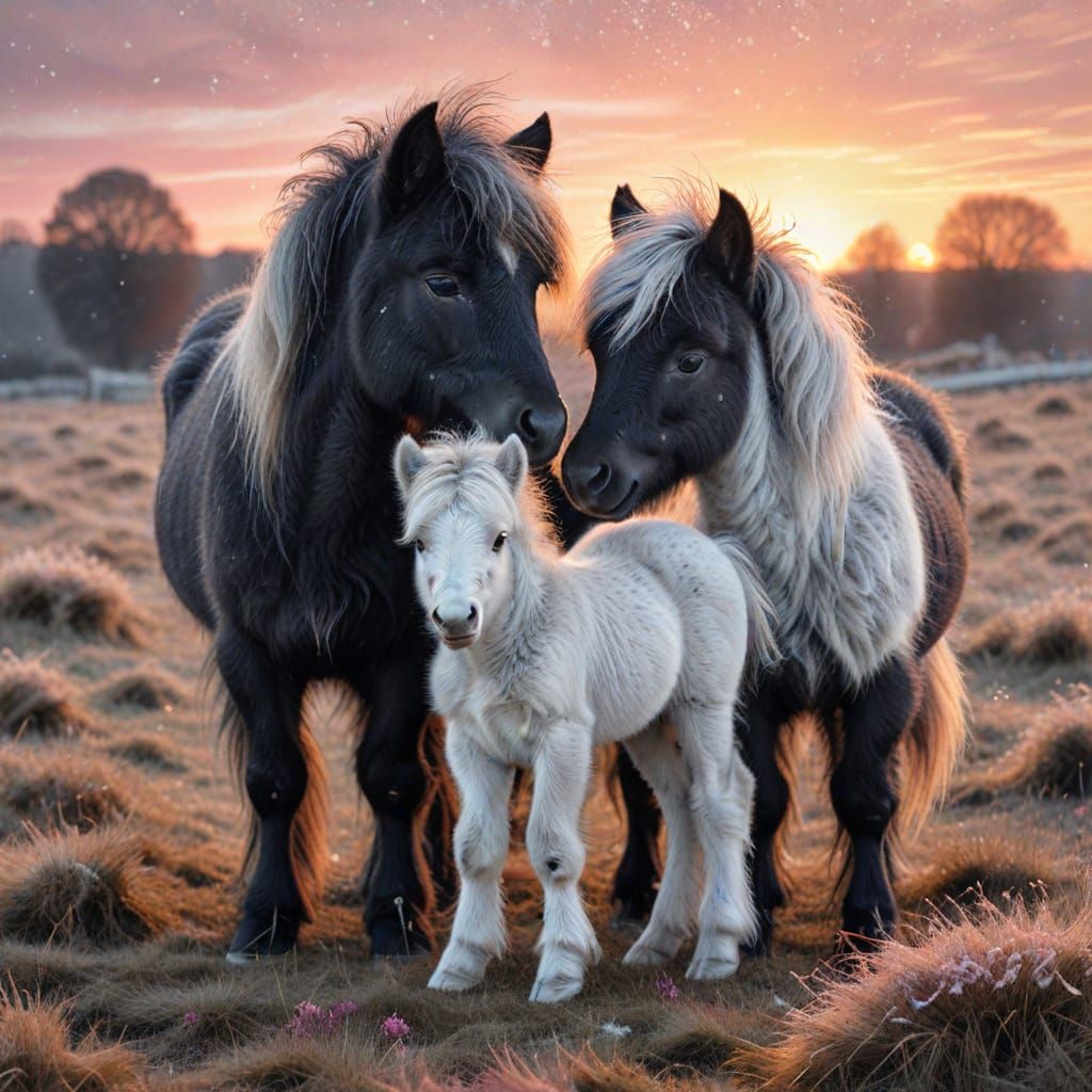 Shetland Pony and Foal: Charcoal Drawing on Moor
