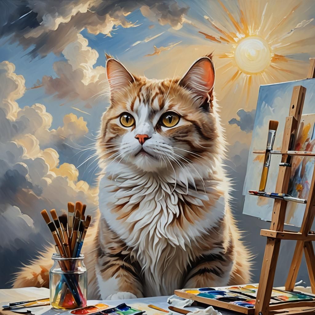 Cat Artist Painting a Self-Portrait in Oil