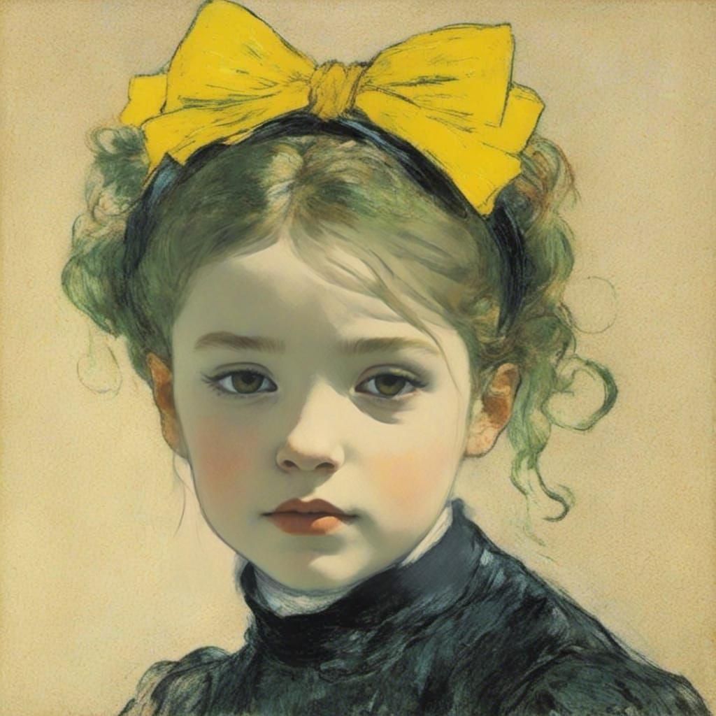 Minimalist Drawing of Girl with Yellow Bow
