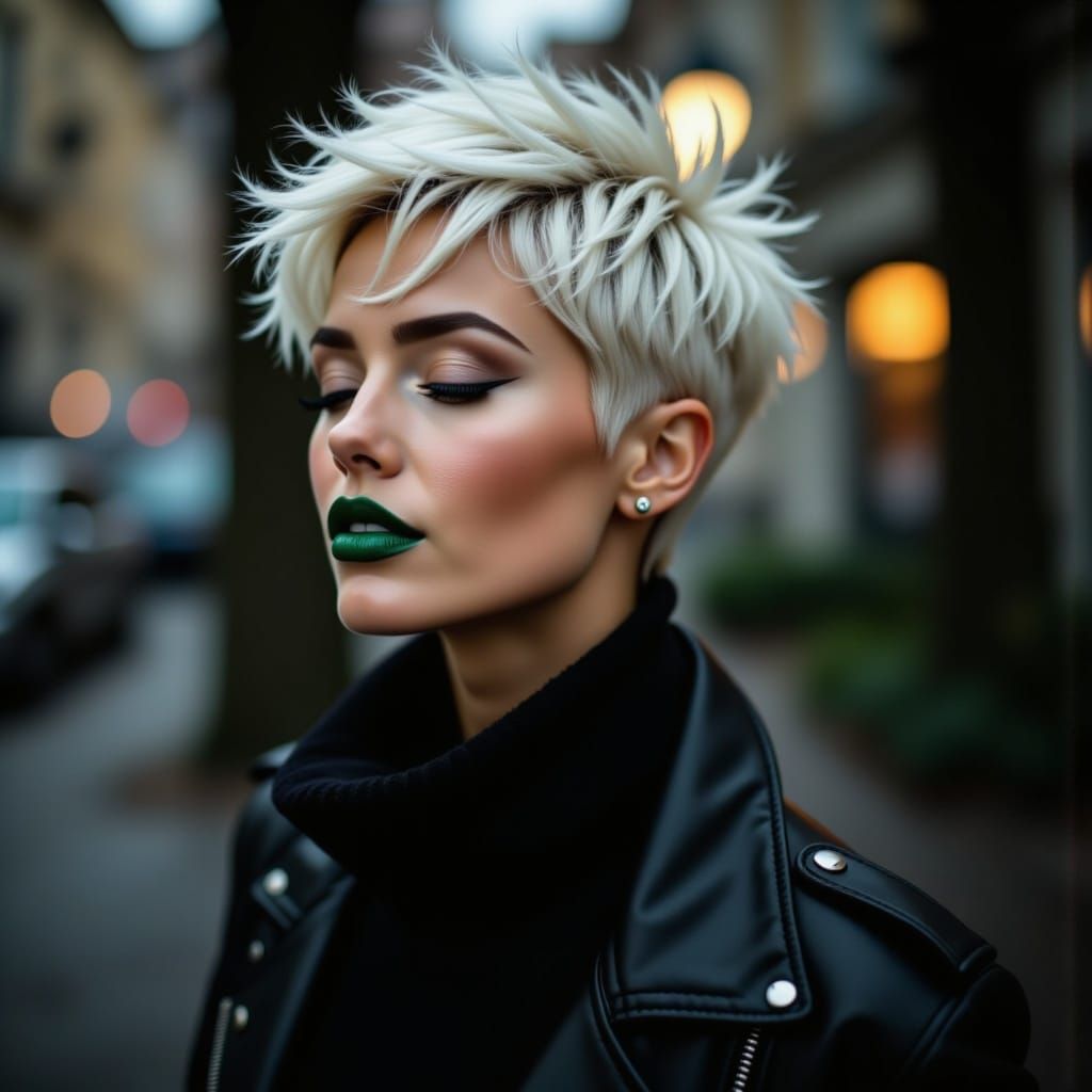 British Racing Green Lipstick & Leather Jacket Portrait