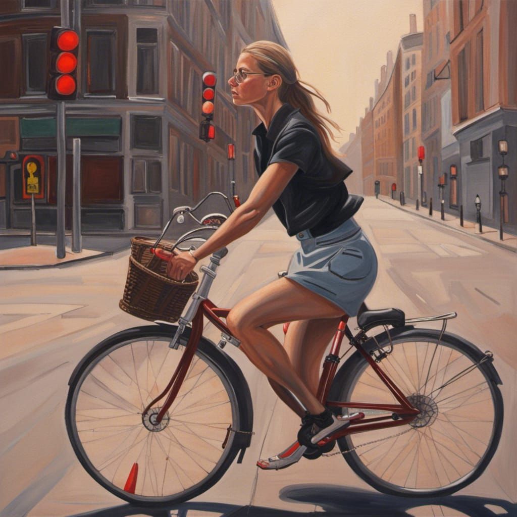 Woman on Bicycle at Red Light: Romantic Hyperrealism