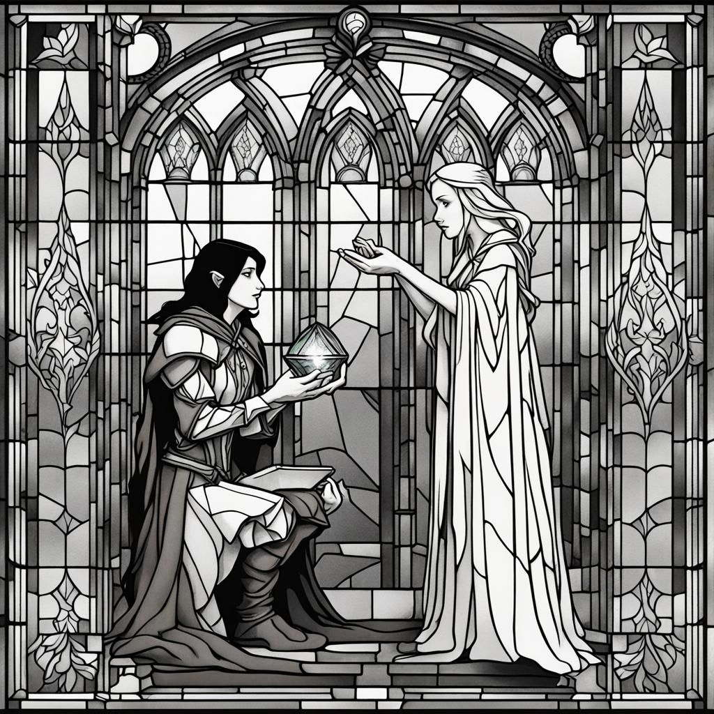 Stained Glass Woman Offers Crystal to Elf