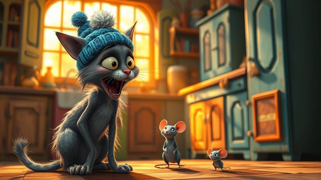 Whimsical Cat Confronts Tiny Mouse in a Tim Burton-Inspired ...