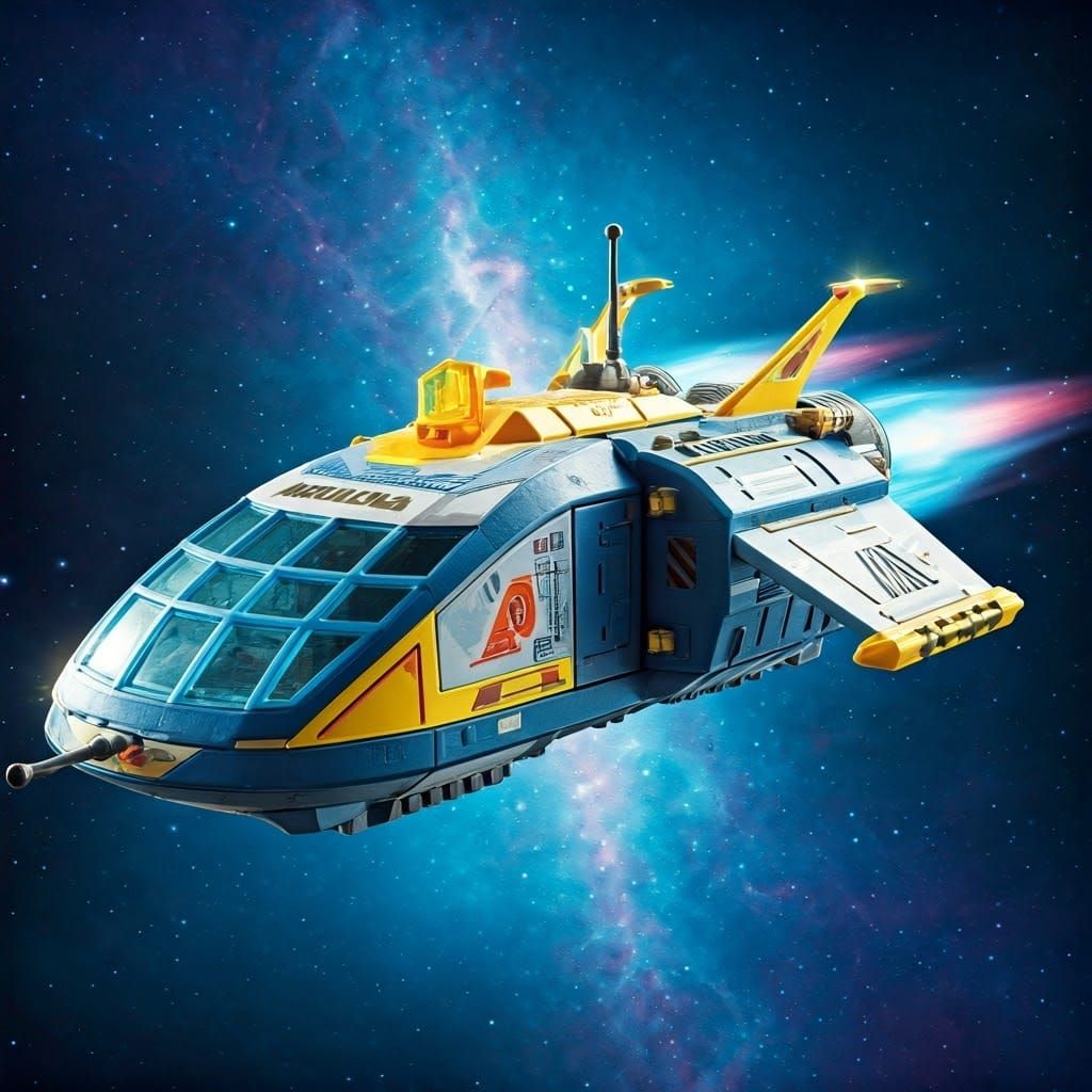 Retro-Futuristic Playmobil Transport Spaceship in Neon Galax...