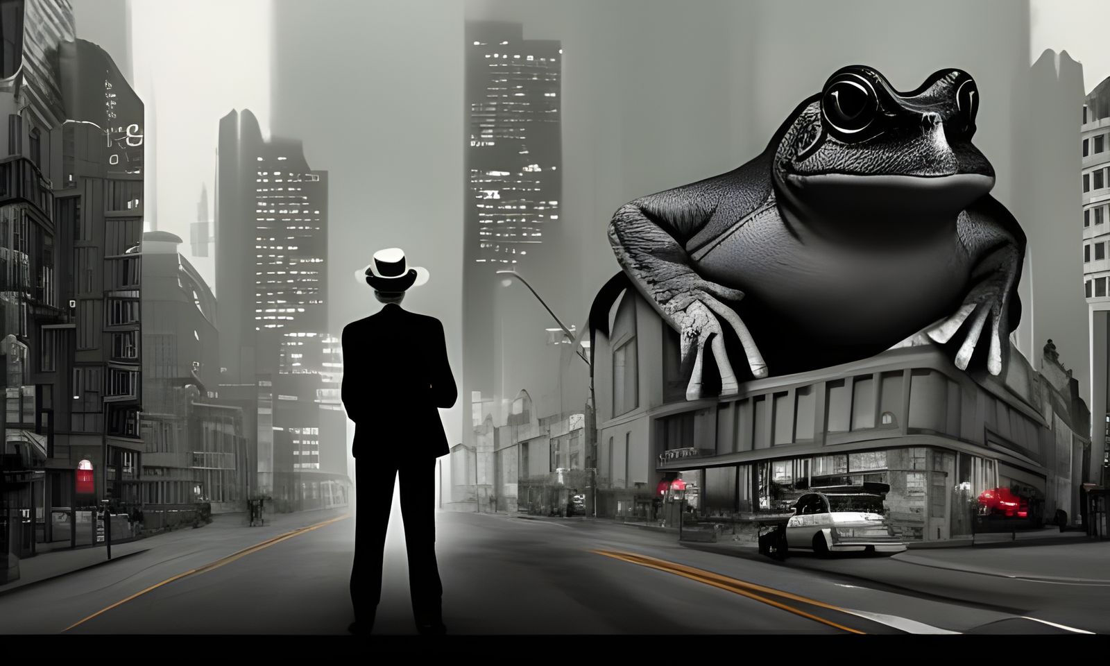 Film Noir Cityscape with Giant Frog