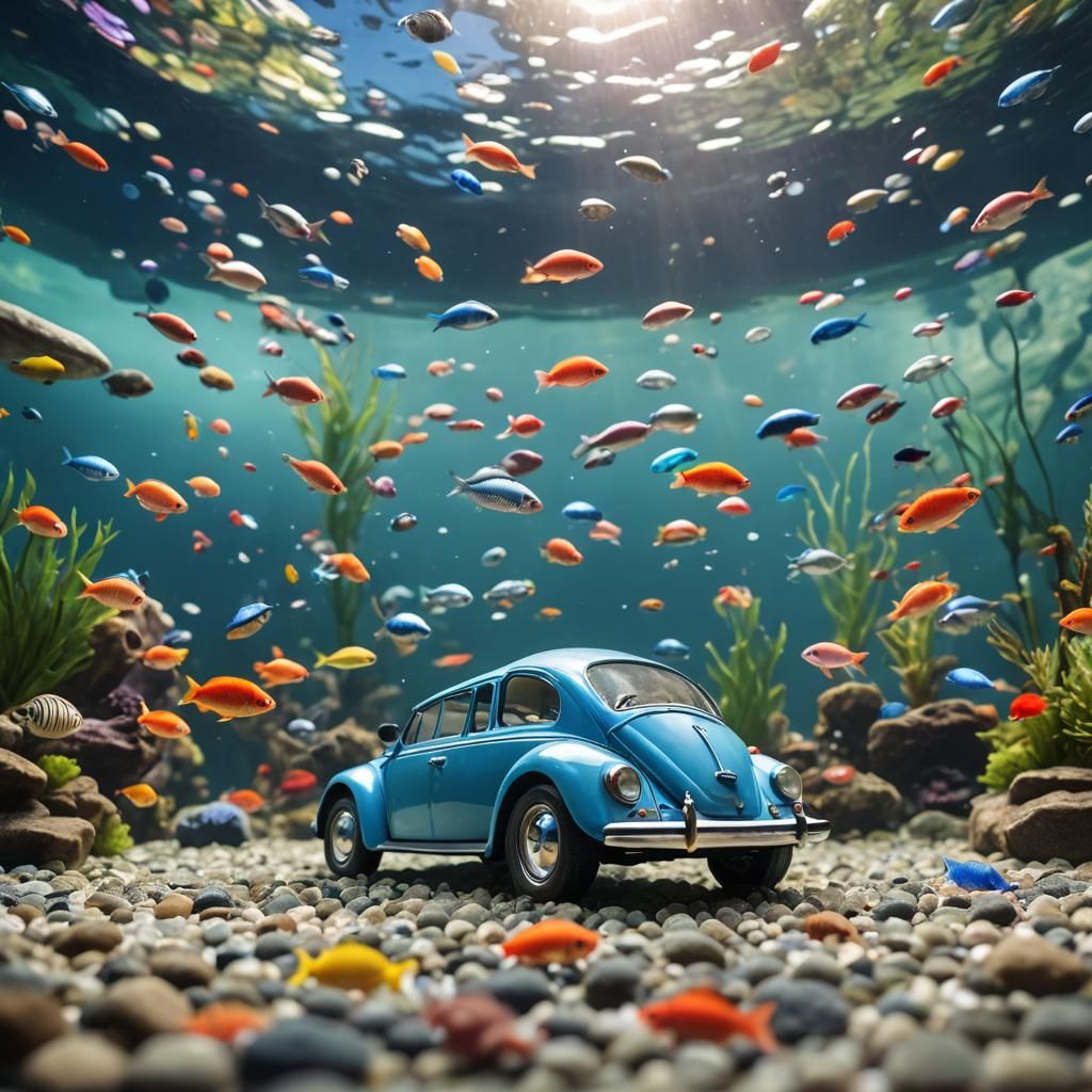 Volkswagen Beetle Aquarium with Colorful Fish