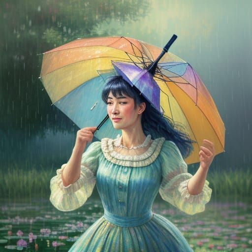 Woman Dancing in Rainy Impressionist Oil Painting