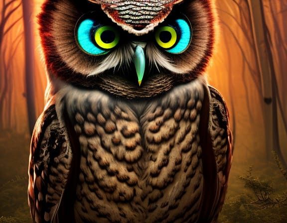 Terrifying Owl in Dark Forest: Detailed Polychromatic Image