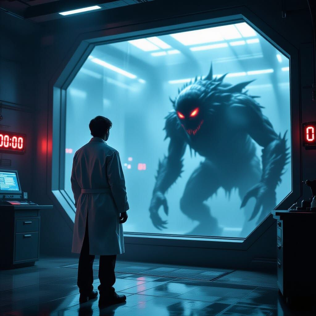 Tense Standoff: Scientist, Window, Monster Shadow