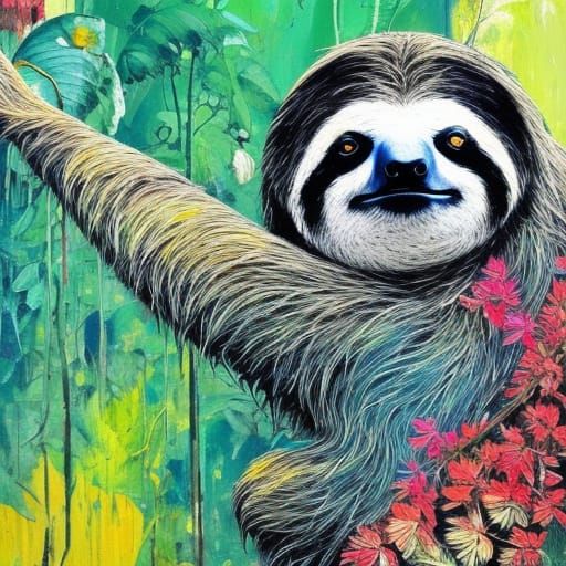 Sloth in Colorful Jungle: Impasto Acrylic Painting