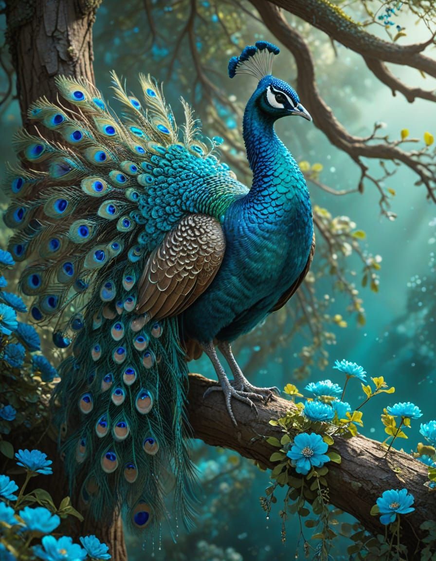 Elegant Turquoise Peacock in Enchanting Turquoise Landscape