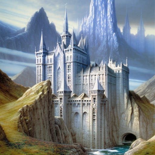 Elvish Castle on Rock Facing Blue Sea