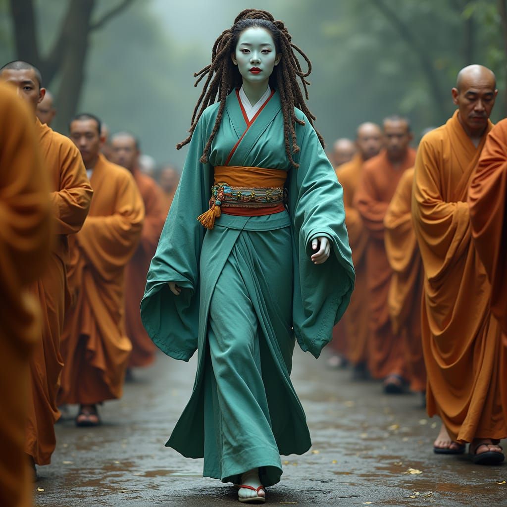 Eastern Goddess Meets Monastic Council in Vibrant Porcelain