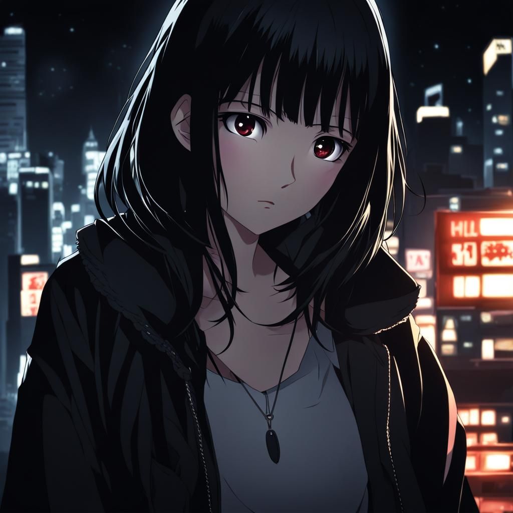 Depressed Anime Girl in Dark Night Setting