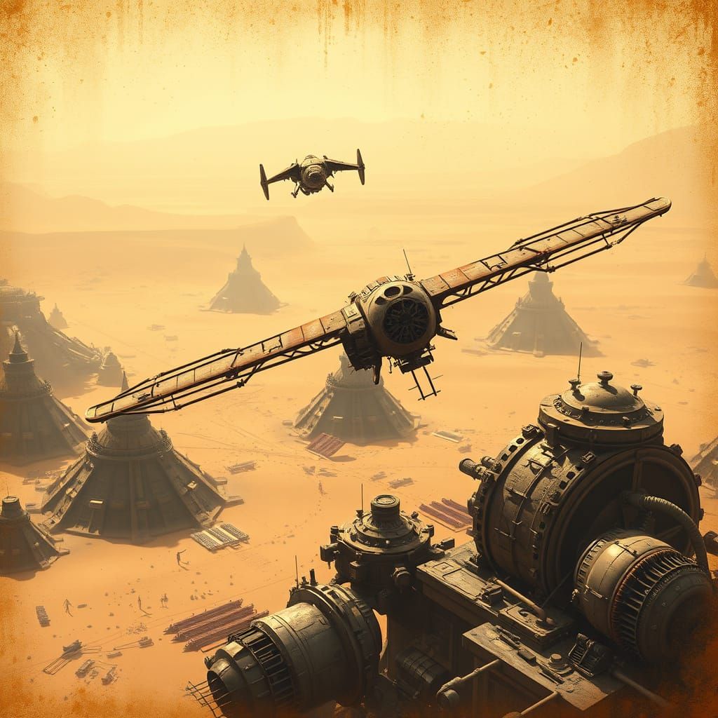 Ornithopter Over Arrakis Starport in Steampunk Sci-Fi Style