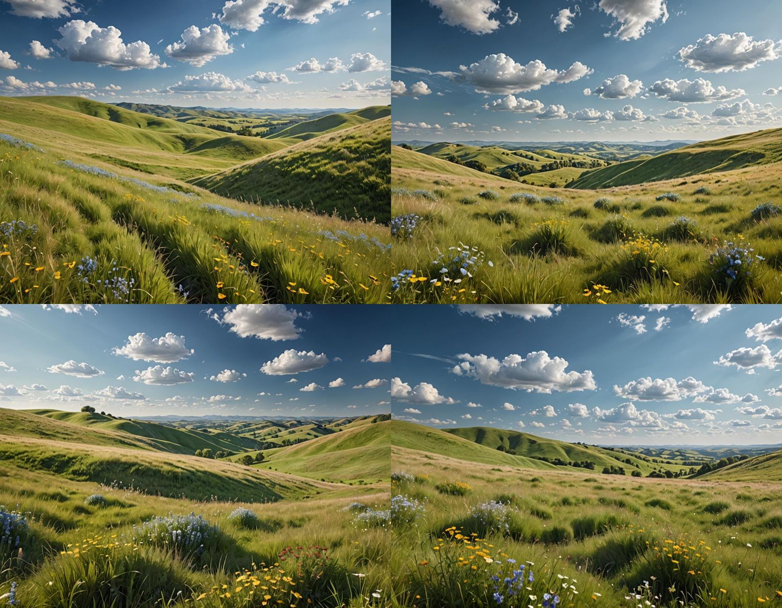 Rolling Hills Landscape with Wildflowers and Blue Sky