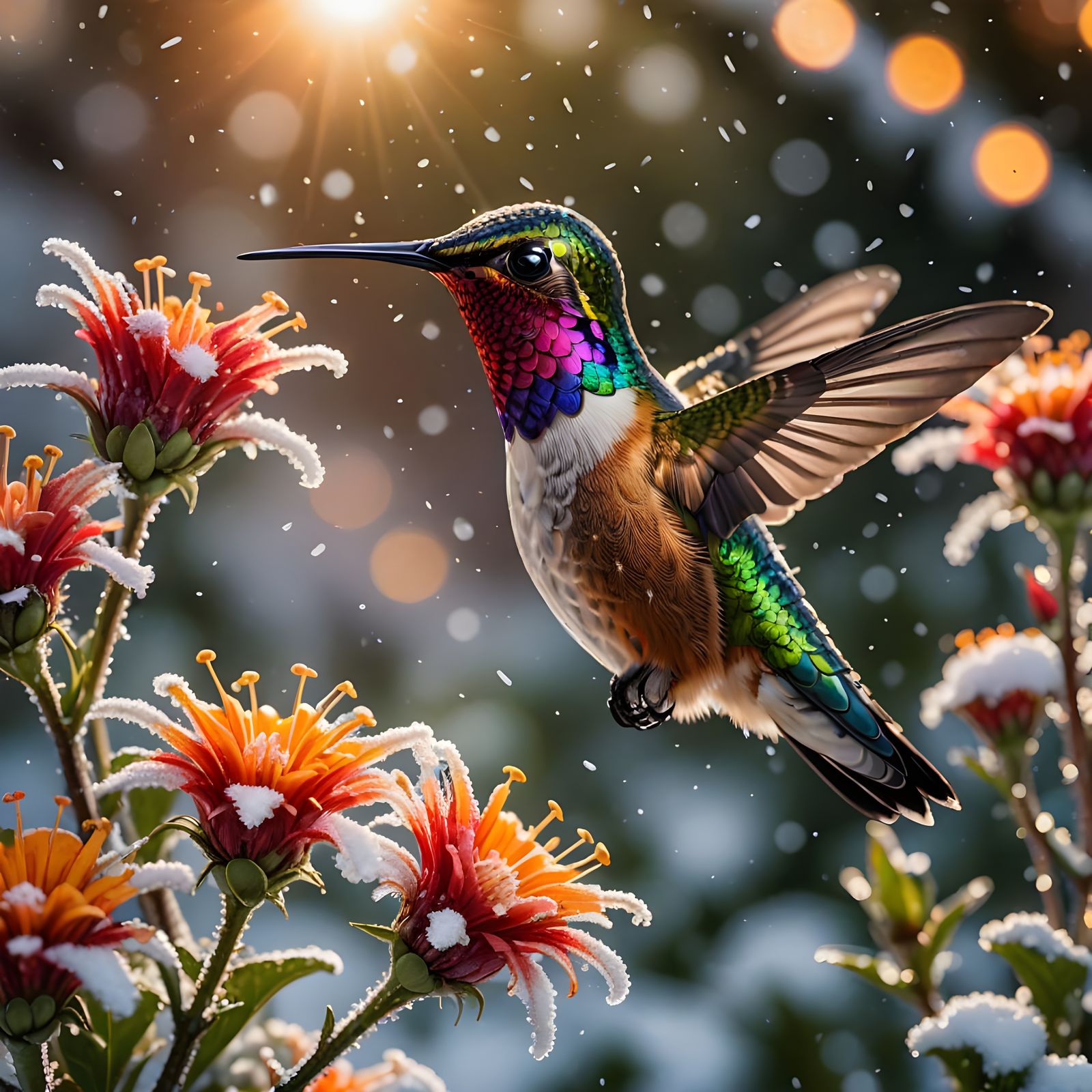 Vibrant Hummingbird Sips Nectar in Snowy Garden