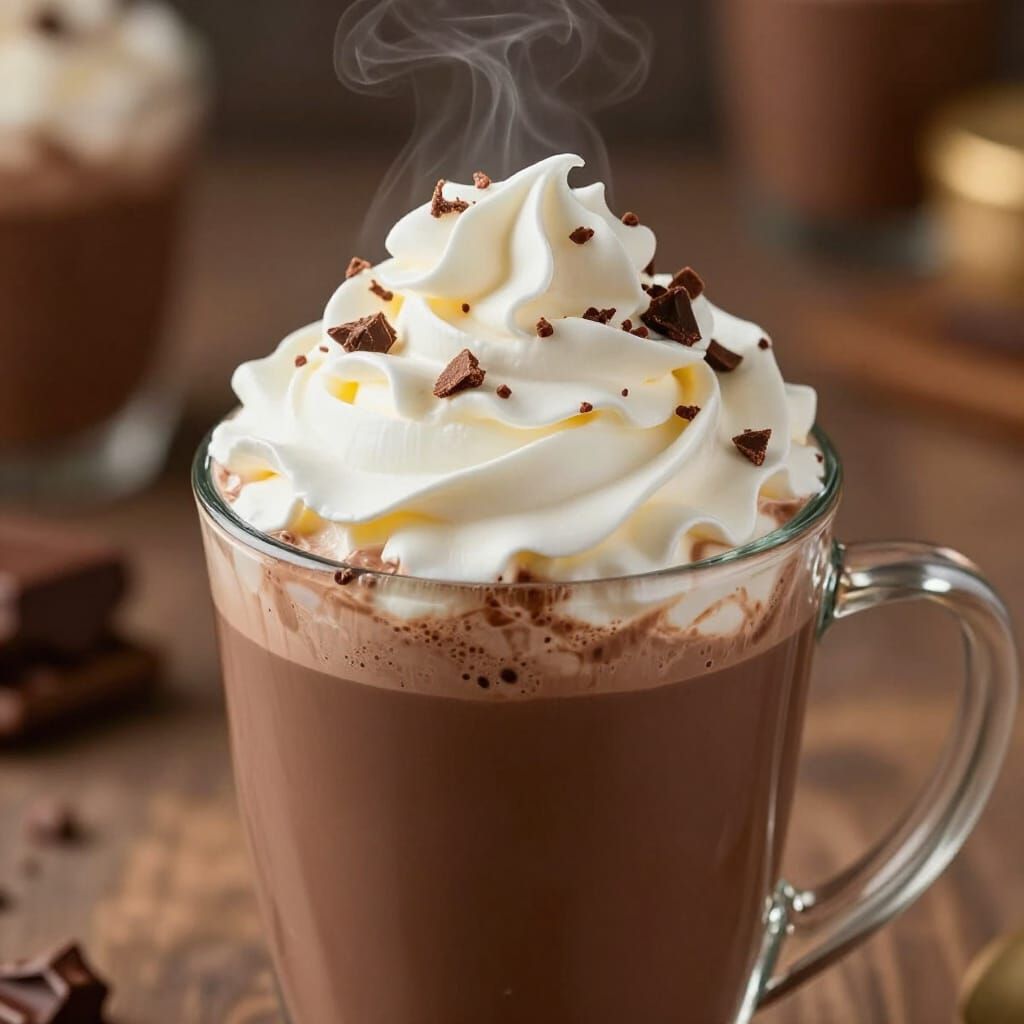 Steaming Hot Chocolate with Whipped Cream and Kit Kat Pieces