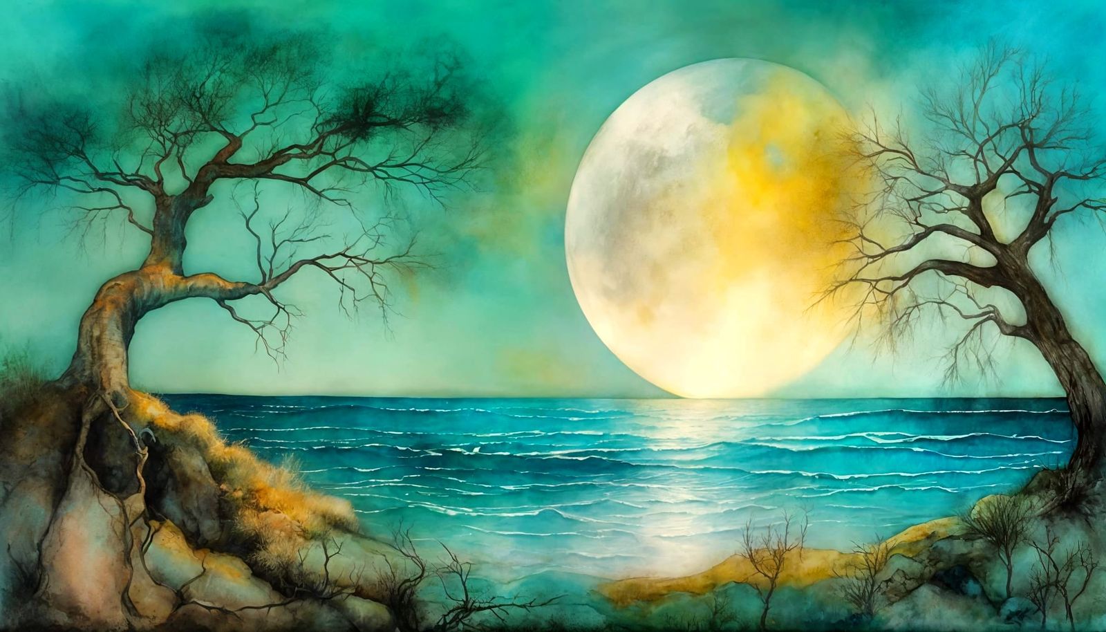 Turquoise Sea Under Moon: Gouache and Watercolor Painting