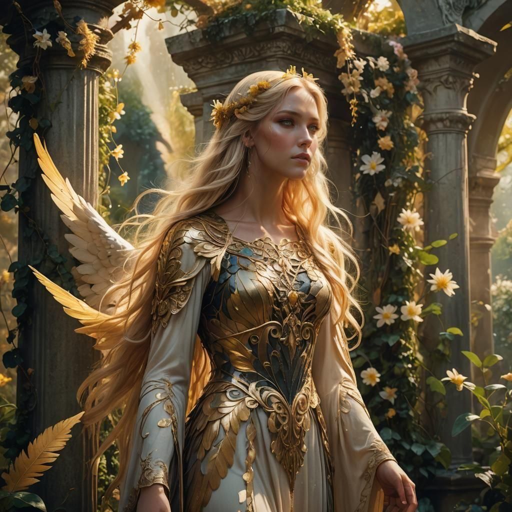 Golden Angel in a Fantastical Garden