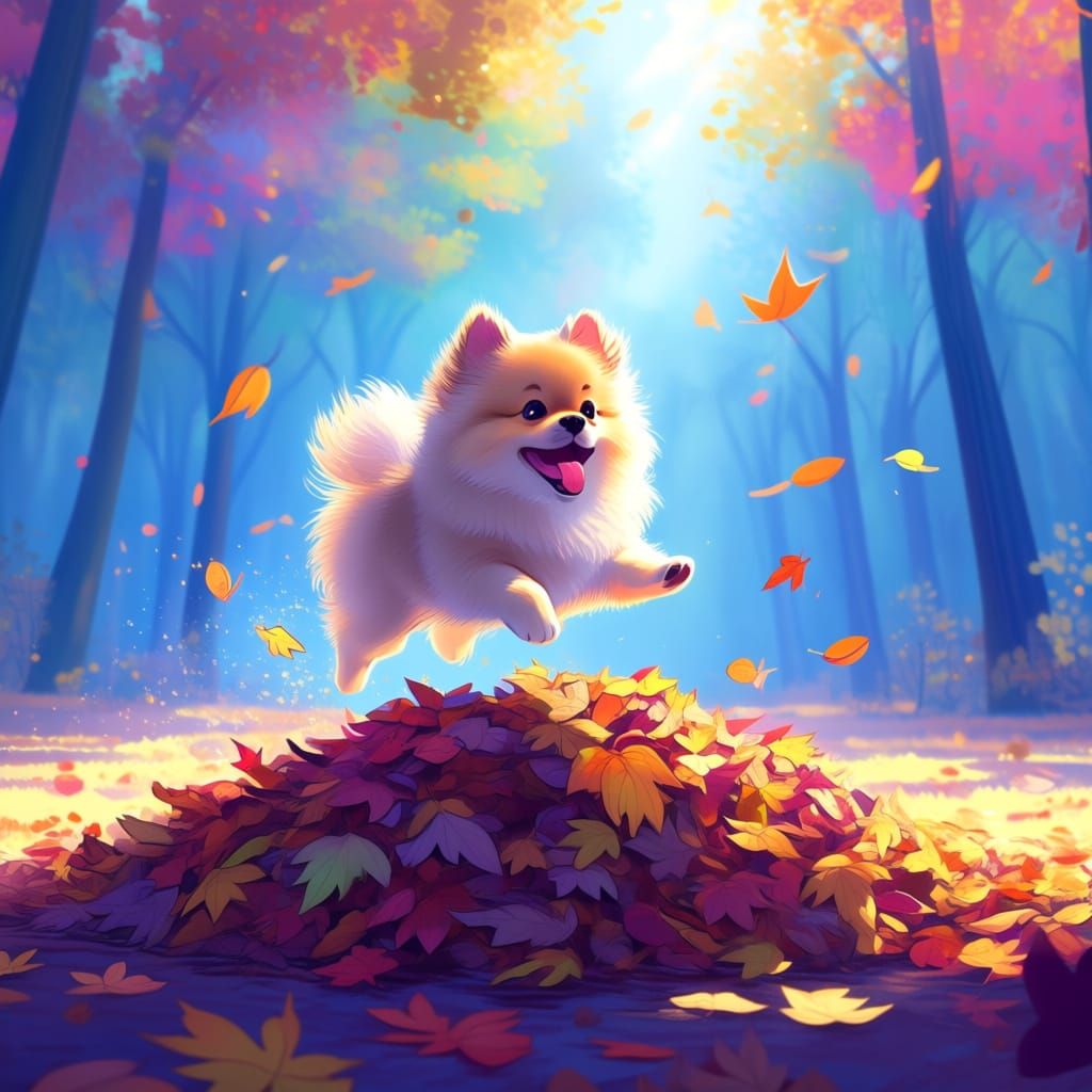 Fluffy Pomeranian Puppy Leaps Into Autumn Leaves
