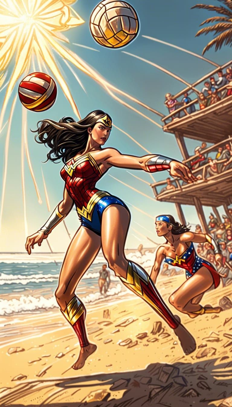 Spider-Girl and Wonder Woman Play Beach Volleyball