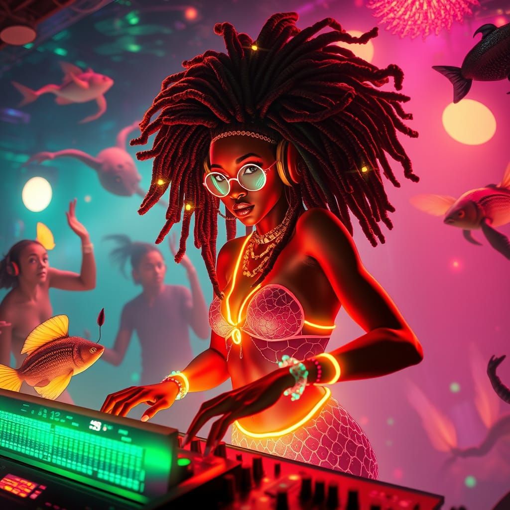 Futuristic African Mermaid DJ in Underwater Rave Scene