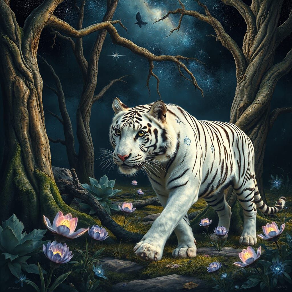 Cosmic White Tiger in Mystical Forest Clearing