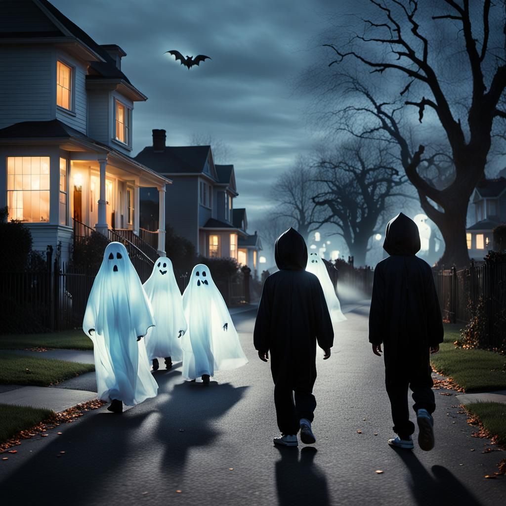 Macabre Halloween Streetscape with Ghosts and Children