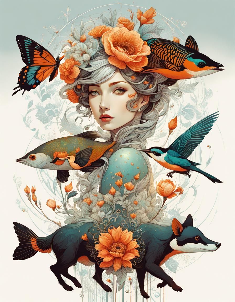 Retro Illustration of Flowers and Animals