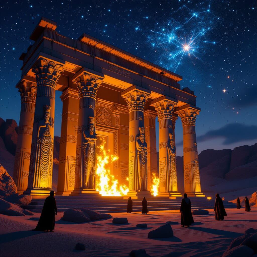 Persepolis Illuminated by Golden Fire in Desert Night