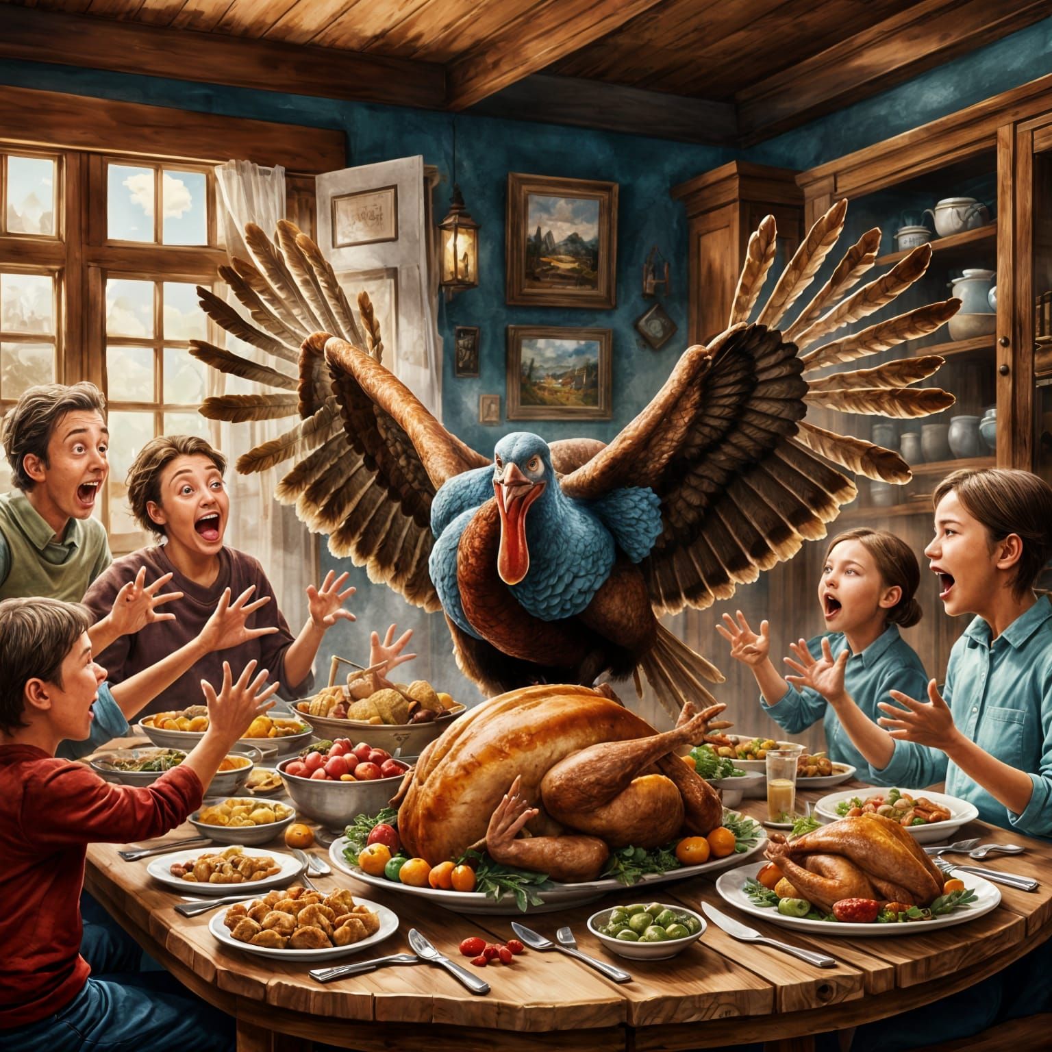 Thanksgiving Turkey Dinner Disaster in Gouache Style