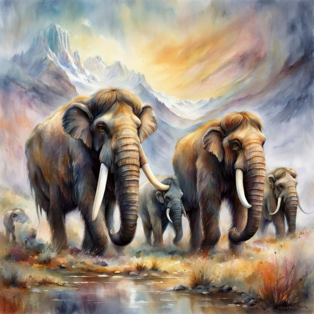 Woolly Mammoths in Prehistoric Watercolor Landscape