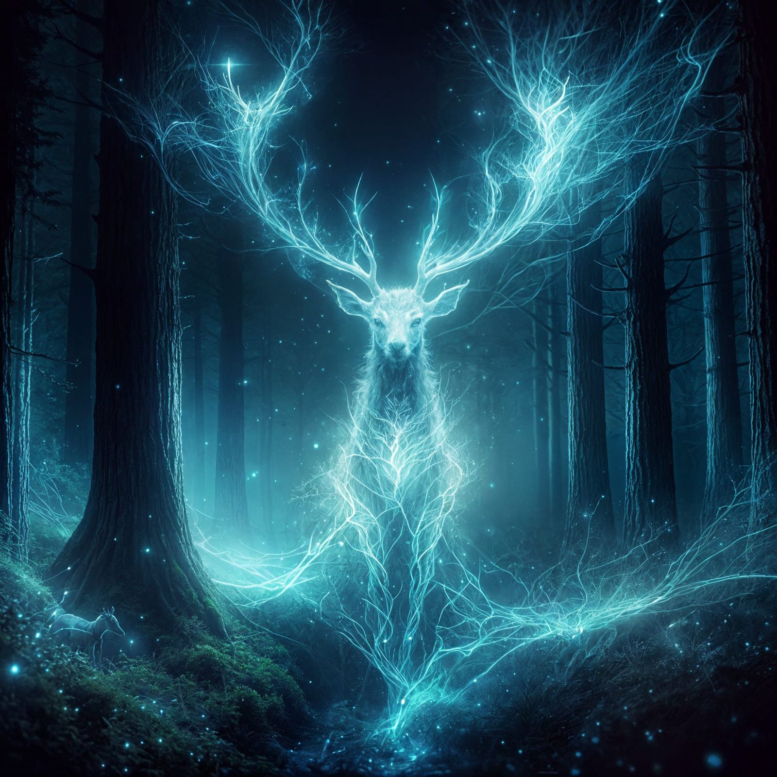 Luminous Stag Spirit in Shadowy Forest