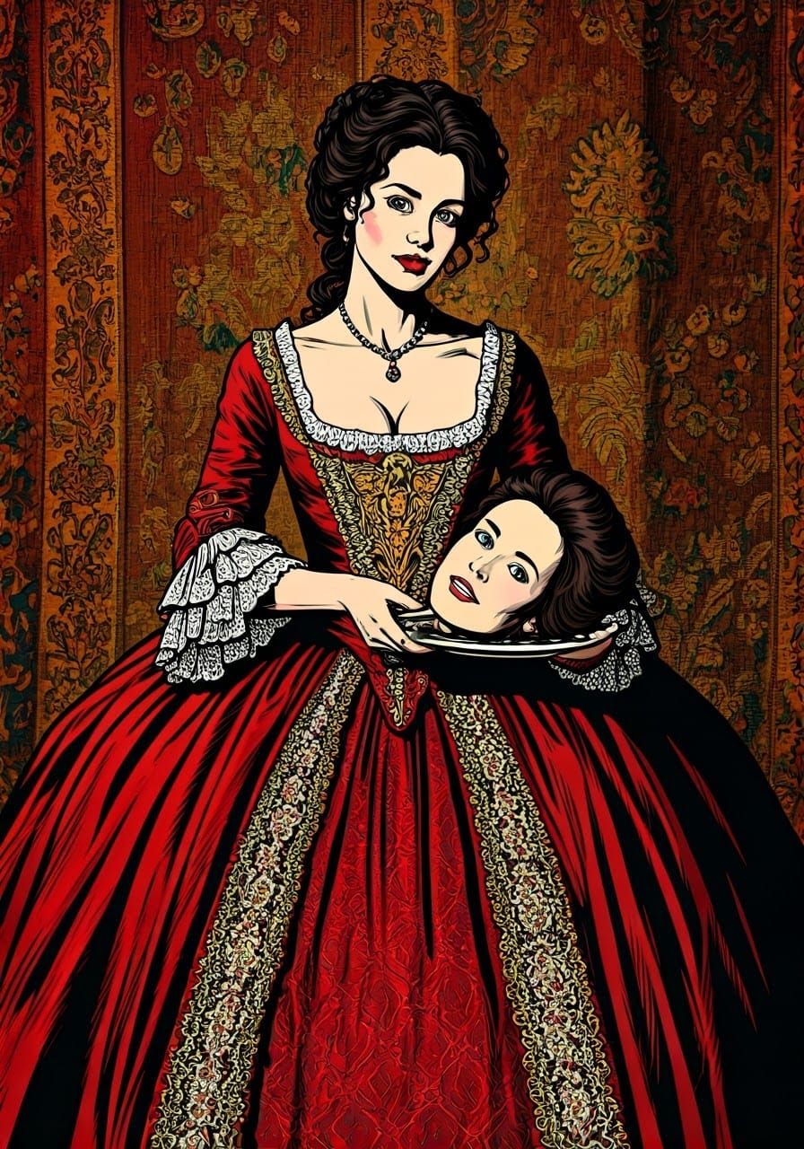 Woman Cradles Beheaded Head in Lavish 18th-Century Gown in P...