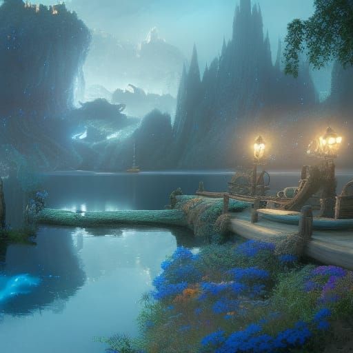 Blue Ghosts at a Lake: Fantasy Matte Painting