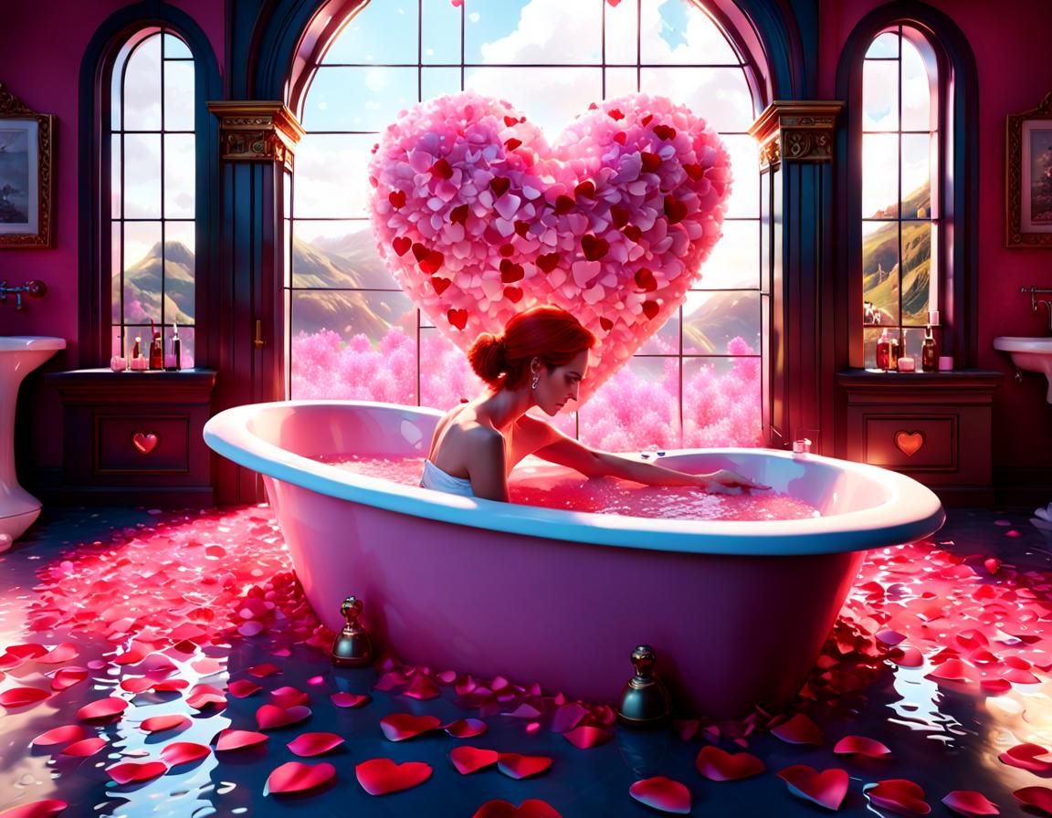 (Heart shaped bathtub pink), (young redhead  woman in bubble...