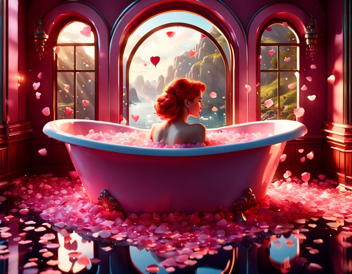 (Heart shaped bathtub pink), (young redhead  woman in bubble...