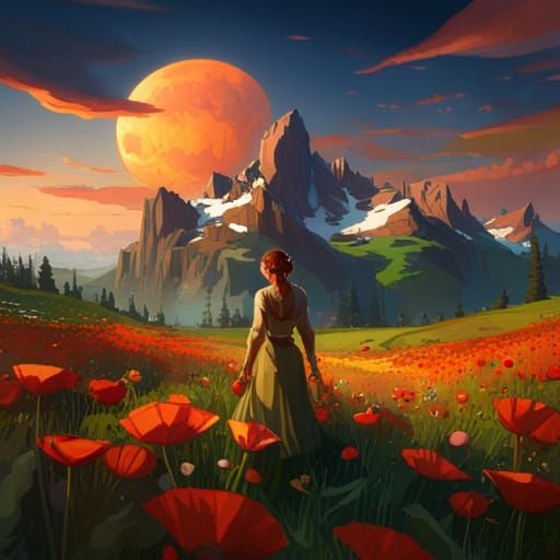 Poppy Field Concept Art in Art Nouveau Style