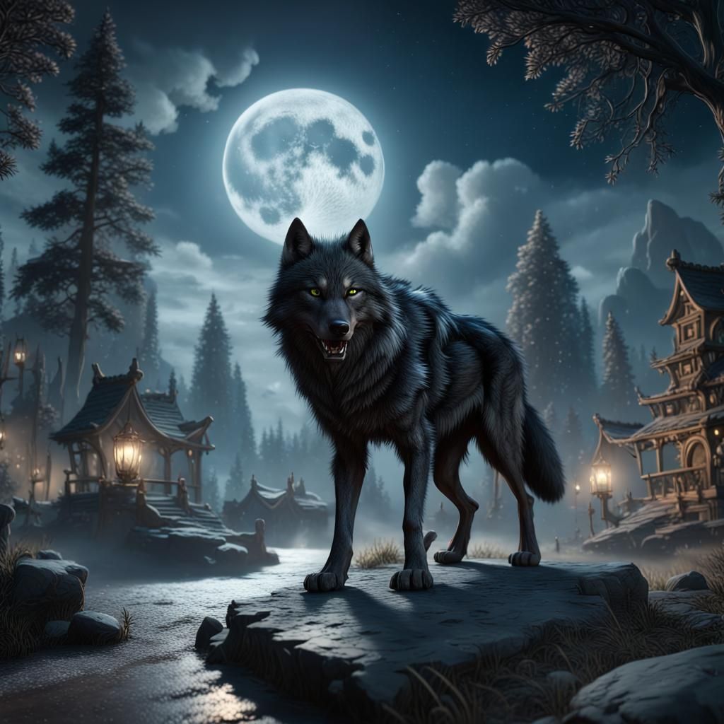 Moonlit Black Wolf in Detailed Matte Painting