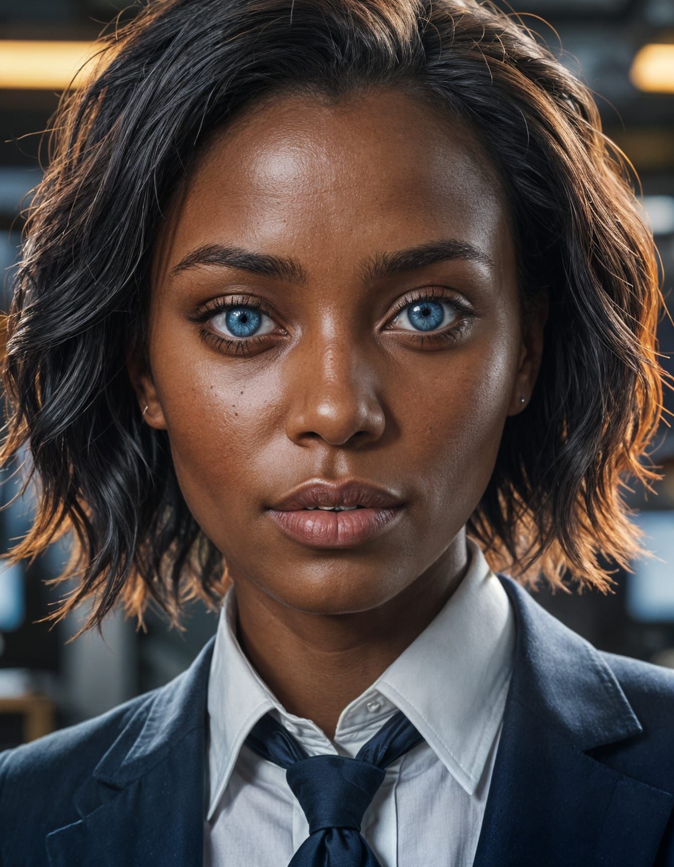 Ebony Woman with Blue Eyes: Hyperrealistic Portrait